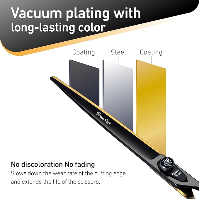 Fenice Peak 7'' Black Dog Grooming Scissors Goldern Straight Shears with Ergonomic Offest Handle and Pattern Screw Pet Grooming Trimming Shears Durable and Sharp 440C