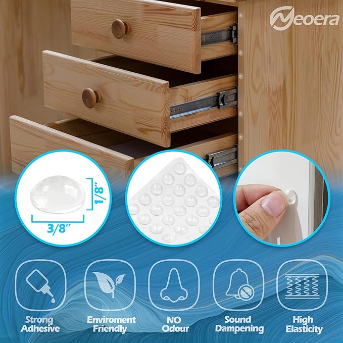 Neoera Cabinet Door Bumpers Rubber feet (200pcs, 3/8” Dia, Clear Round semi-Spherical) Adhesive Sound Dampening Pads for Cabinet Doors, Drawers, Glass Tops, Furniture, Laptop