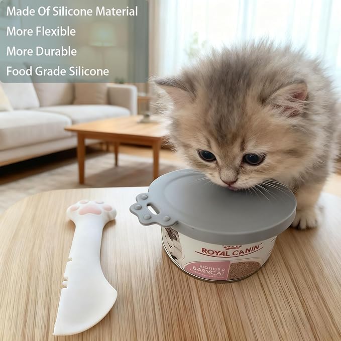 Cat Dog Food Can Lids Spoons，Silicone Pet Food Can Lids with Multi-Function Cat Food Spoon and Opener Cute Paw Shape Opener Spatula Wet Food Spoon for Cats and Dogs (Gray)