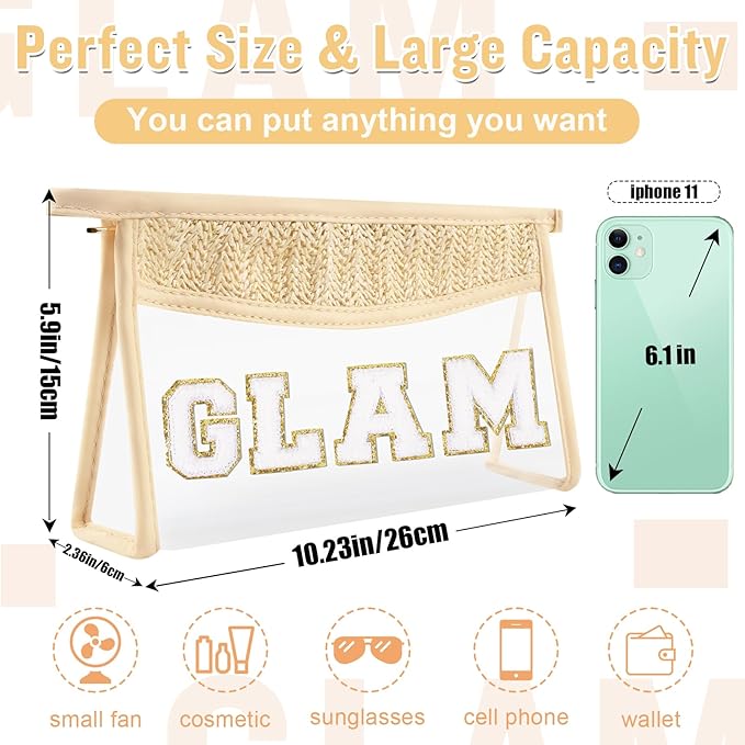 Boho Clear Makeup Letter Patch Makeup Bag GLAM Pouch, Clear Toiletry Bags Travel Small Cute Chenille Letter Cosmetic Zipper Pouch Purse, Transparent PVC Waterproof Make Up Storage for Women Girl(GLAM)