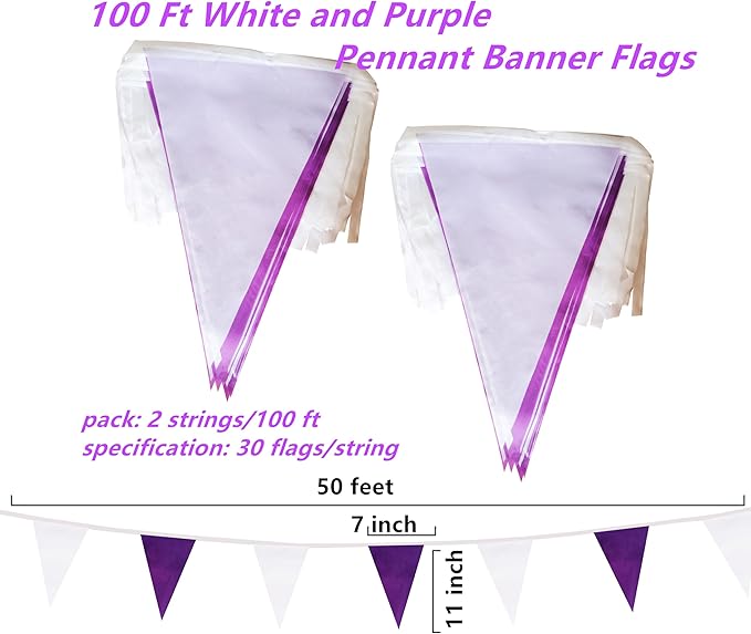 100 Feet Purple & White Pennant Banner Flags String Hanging Purple & White DIY Triangle Bunting Flags,Party Decorations for Grand Opening,Party Events Celebration,Kids Birthday,60 Pcs
