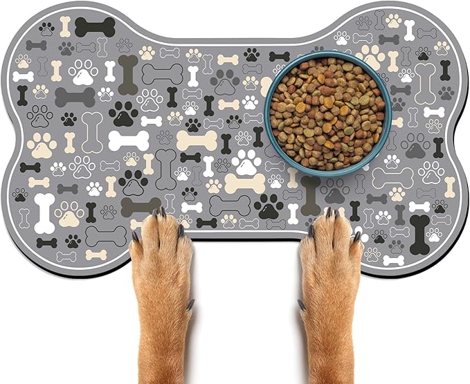 Dog & Cat Food Mat Bone Shaped Pet Feeding Mat Quick Absorb Water Bowl Placemat with Rubber Backing Indoor Floor Stain Resistant Pet Accessory Supplies (Gray, 17x29 Inches)