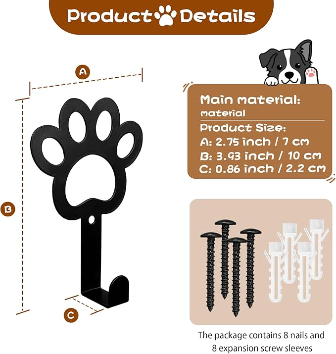 8PC Dog Leash Hooks for Wall Cute Metal Cat Leash Holder Wall Mounted Key Hooks Pet Accessory Holder for Entryway Hallway Kitchen Office, Pet Themed Gifts, Great Gift for Dog and Cat Lovers
