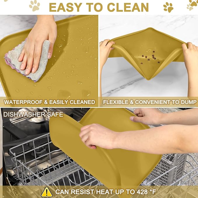 Silicone Pet Food Mat with Raised Edge for Food and Water Bowl, Dog Feeding Mats, Cat Food Trays for Floor Waterproof, Rubber Tray for Dogs and Cats, 19 x 12 x 0.7 Honey