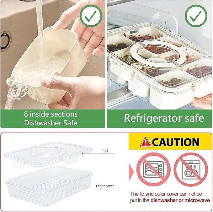 Snackle Box Container, Divided Serving Tray with Lid and Handle, Portable Charcuterie Board for Portable Snack Platters, Clear Organizer for Candy, Fruits, Nuts, Snacks, Perfect for Party, Travel