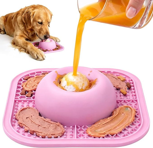 Slow Feeder Dog Bowls & Lick Mat for Liquid and Thick Treat, Anti-Slip Dog Lick Bowl with Interactive Rolling Ball, 5/6 Cup Pup Licking Toy for Large Medium Small Dogs and Cats Pink