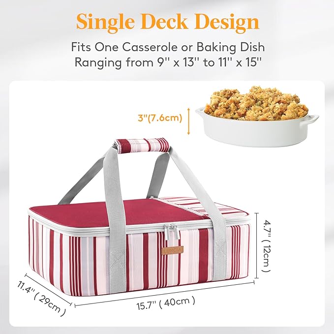LUNCIA Insulated Casserole Carrier for Hot or Cold Food, Lasagna Lugger Tote for Potluck Parties/Picnic/Cookouts, Fits 9"×13" Baking Dish, Red