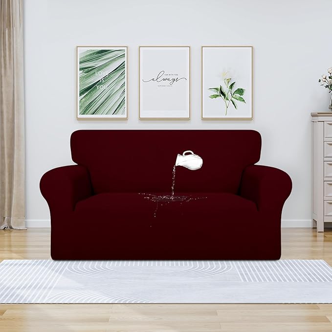 PureFit 100% Dual Waterproof Couch Cover Slipcovers for Couches and Sofas - Stretch Non Slip Fleece Sofa Covers Washable, Leakproof Furniture Protector for Kids, Pets, Dog (Loveseat, Wine)