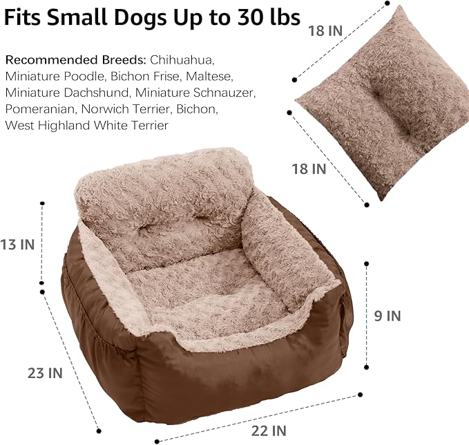 Dog Car Seat for Small Dogs, Washable Pet Booster Seats with Clip-On Safety Leash, Comfy Deluxe Plush Carseat with Storage Pockets, Puppy Car Travel Carrier Bed for Dogs Under 25 lbs, Brown