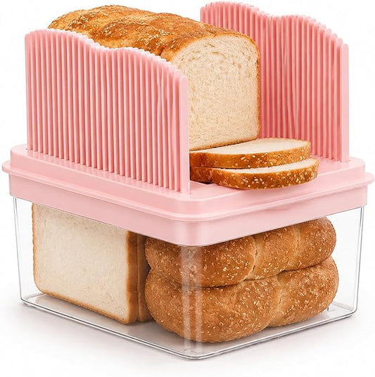 Bread Box with Slicer, Portable Airtight Bread Storage Container with Lid Handle for Kitchen Counter, Bread Keeper for Homemade Bread,Toast, Bagel, Cookies, Pink