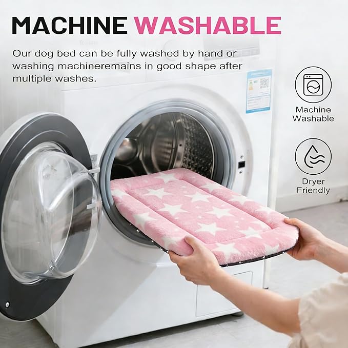 Fogkiss Dog Bed Mat, Reversible Crate Pad & Durable Dog Bed - Machine Washable Kennel Mat with Ultra Soft for Large Dogs (Big&Small Stars Pink, 35" L*23" W*1.5" Th)