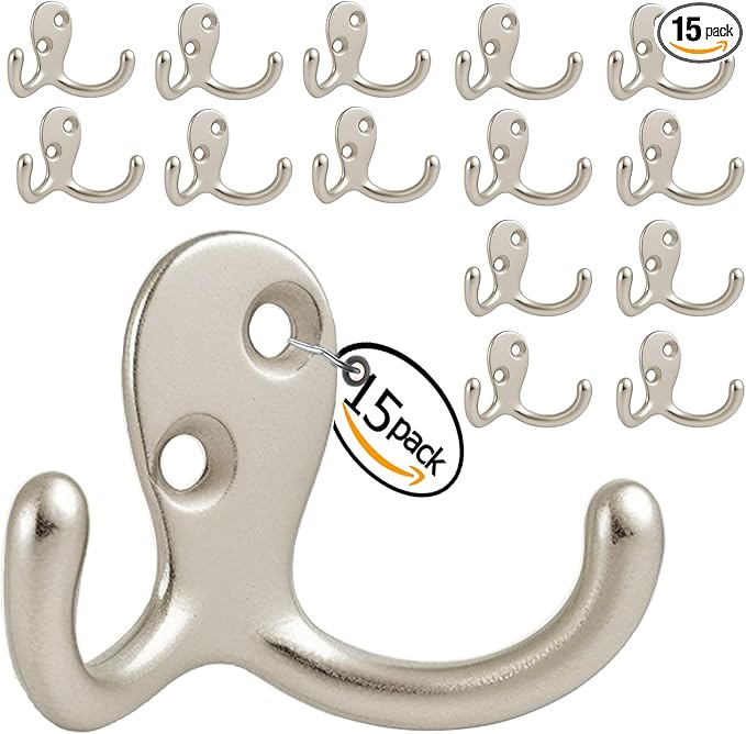 Coat Hooks Wall Hooks for Hanging - 15 Pack Silver Double Prong Hook Wall Mounted - Great for Living Room, Bedroom, Kitchen, Closet for Coat, Bag, Towel, Hat, Key, Cup, Heavy-Duty, Easy to Install