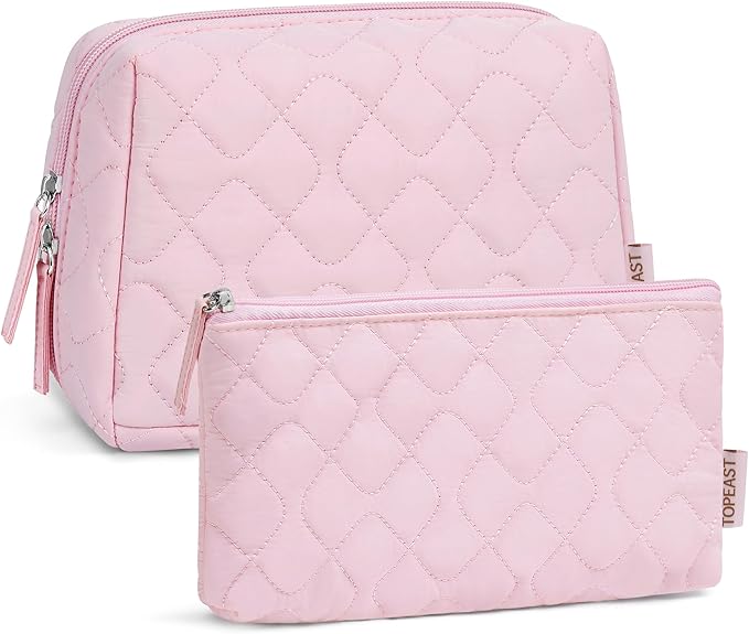 TOPEAST Christmas Gifts for Women Girls - 2Pcs Makeup Bag Small Travel Cosmetic Bag, Portable Toiletry Pouch Set, Waterproof Make Up Purse Puffy Padded Makeup Organizer, Pink