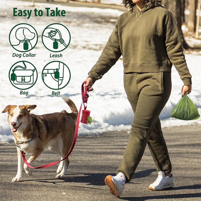 FURHAB Dog Poop Bag Holder for Leash Doggie Waste Bag Dispenser Soft Fabric Puppy Potty Carrier Small Doggy Zipper Pouch with Carabiner Clip 1680D Nylon Oxford with 1 Roll of Pet Trash Bags, Red