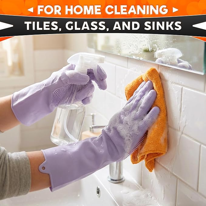 RZleticc Silicone Dish Gloves with Scrubbers – Thick Tear-Resistant Cat & Dog Washing Gloves for Bathing – Multi-Purpose Use
