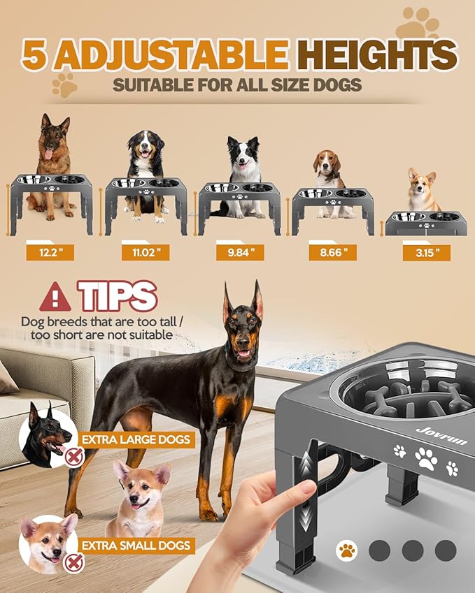 Jovrun Elevated Dog Bowls, Dog Feeder with Stainless Steel Dishes & Slow Feeder Bowl, 5 Heights Adjustable Raised Stand for Medium Large, Food Dishes with Non-Slip Feet