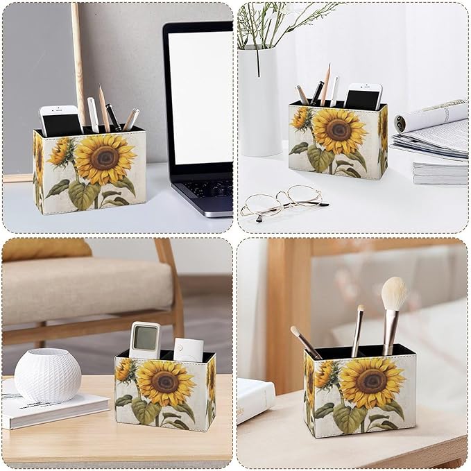 Famame Vintage Sunflowers Pencil Holder for Desk, Leather Desktop Container Pen Cup Storage Study Table Pen Organizer Makeup Brush Holder for Classroom Office Home