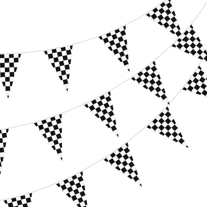BEISHIDA 100ft 48pcs Black white Checkered Racing Pennant Flags Banner,Reusable Bunting String Triangle Flags,Race Car Theme Party Decoration,Kids Birthday,Indoor and Outdoor Events