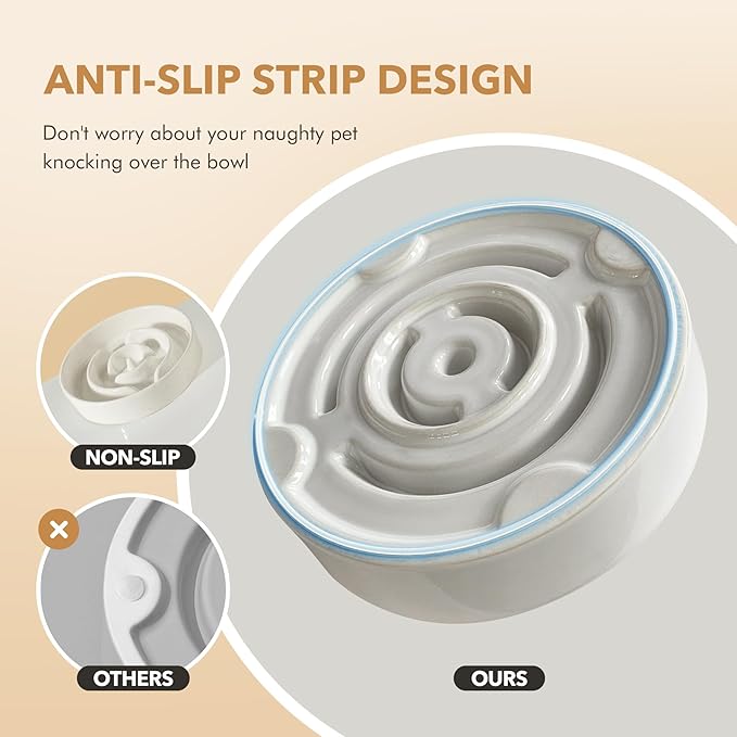 Ceramic 1.6 Cup Dog Bowl Slow Feeder for Large and Medium Dog, 8.2inch Pet Slow Dish, Stop Bloat, Preventing Choking(Single Bowl, Vanilla White)
