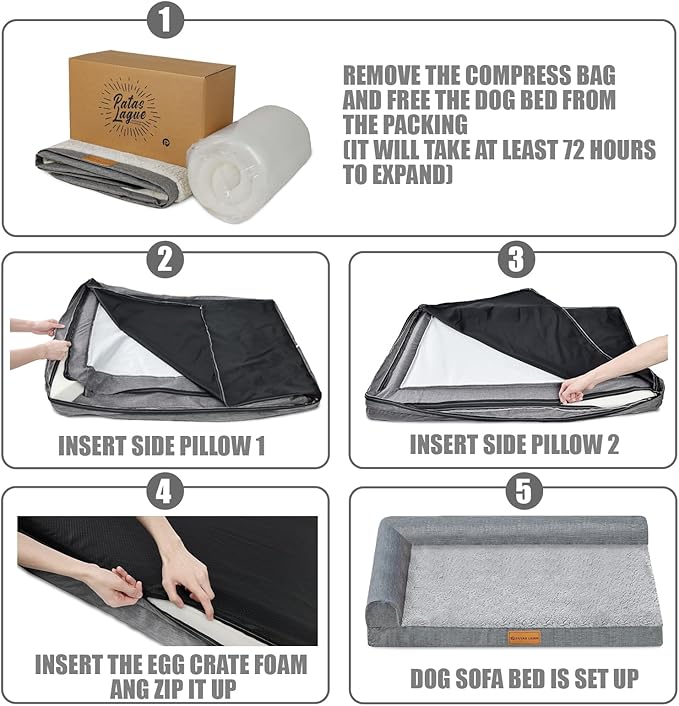 Patas Lague Orthopedic XL Dog Bed Large Sized Dog 48''X30'', Waterproof L Bolster Big Large Pet Sofa Beds with Removable Washable Cover, Soft Pet Couch Crate Mat with Nonskid Bottom, Dark Grey