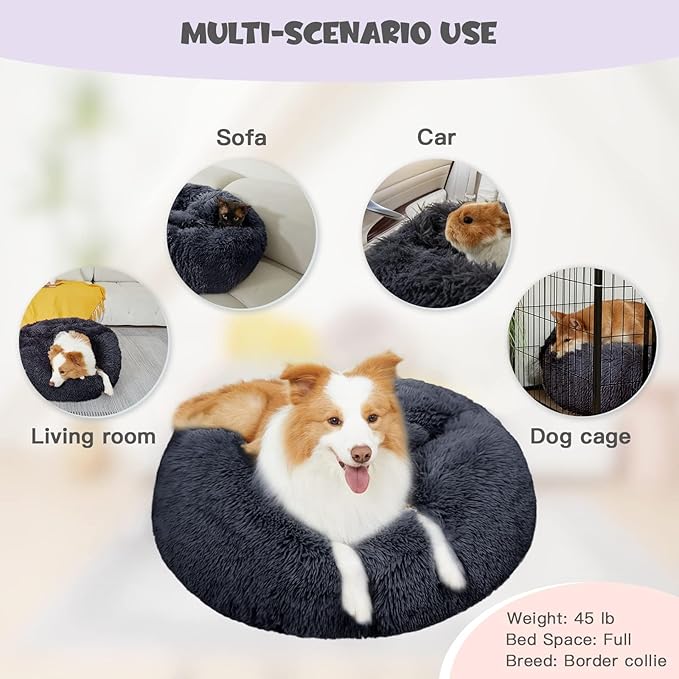 Himax Medium Dog Bed, Round Dogs Beds with Blanket Attached, Comfort Fluffy Calming Dog Bed Washable (20"/26"/35") Deep Grey