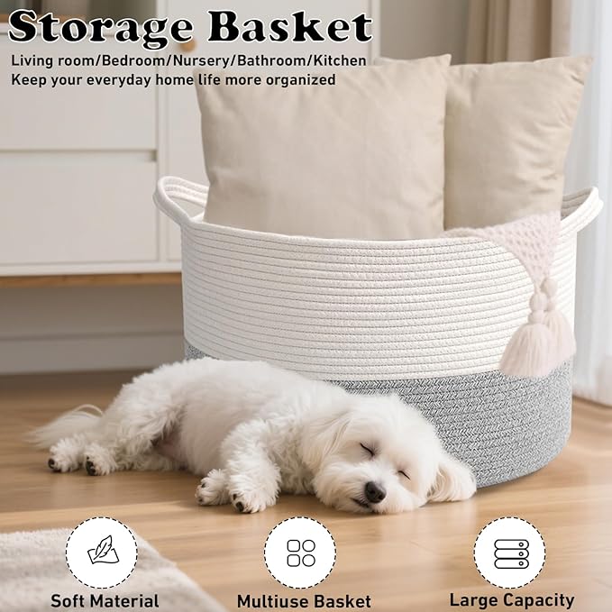 65L Large Woven Cotton Rope Blanket Basket with Handles, Laundry Hamper Storage Bin for Pillows, Comforters,Clothes, Bedroom and Living Room Organization,White&Grey