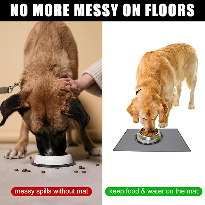 Premium Silicone Dog Food Mat,Dog Bowl mat, Pet Food pad- Anti-Slip Pet Food Mat for Dogs and Cats - Waterproof and Easy to Clean Gray -24 * 16IN
