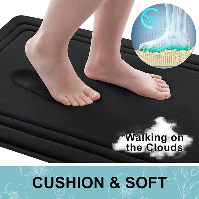 Grandaily Memory Foam Bath Mat Rug 44x24, Ultra Soft, Non-Slip and Absorbent Bathroom Rugs, Machine Wash Dry, Comfortable Bath Carpet for Bathroom Floor, Tub and Shower, Black