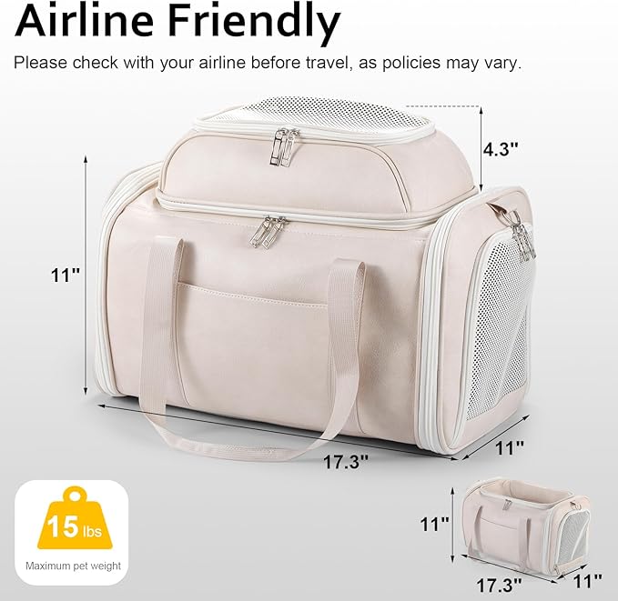 Bosnanller Premium Leather Top Expandable Pet Carrier for Small Dogs & Cats Under 15 lbs, Airline Approved Collapsible Soft-Sided Luxury Travel Bag Beige