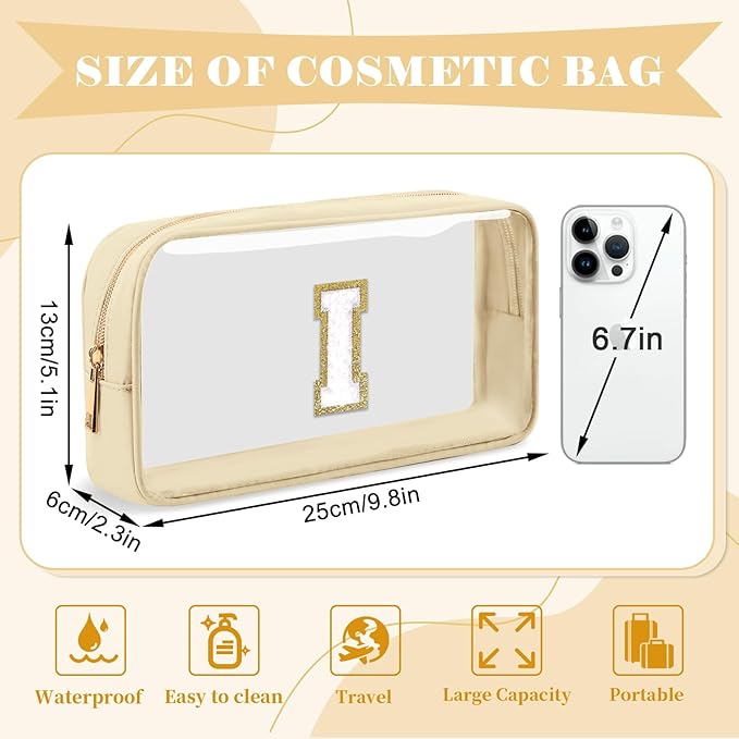 Personalized Initial Letter Clear Makeup Bag,Preppy Small Nylon&PVC Cosmetic Zipper Bag with Chenille Letter,Portable Beach Travel Skincare Toiletry Bag,Trendy Monogram Gift for Teen Girls Women,I