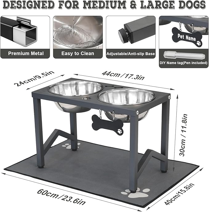 Elevated Dog Bowl Stand, 11.8 Inch Tall Raised Feeder with 2 Stainless Steel Bowls (58oz) and Non-Slip Mat for Medium/Large Dogs (Grey)