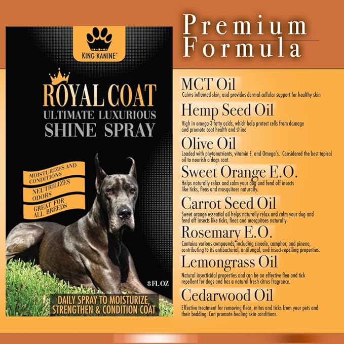 King Kanine Coat Shine Dog Spray - Royal Coat Dog Spray Deodorizer Perfume - Premium Moisturizing Coat and Shine Spray - Promotes Soft Healthy Skin - 8oz