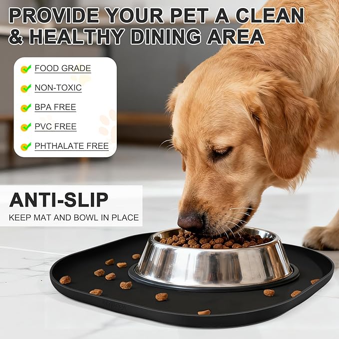 Small Silicone Pet Food Mat with Raised Edge for Food and Water Bowl, Square Dog Feeding Mats, Cat Food Trays for Floor Waterproof, Rubber Tray for Dogs and Cats, 12 x 12 x 0.7 Black