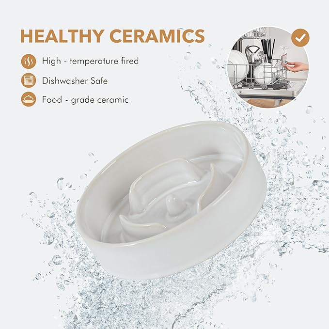 Ceramic 0.9 Cup Dog Bowl Slow Feeder for Small Dog and Cat, 6.1inch Pet Slow Dish, Stop Bloat, Preventing Choking(Single Bowl, Reactived Glaze -White)