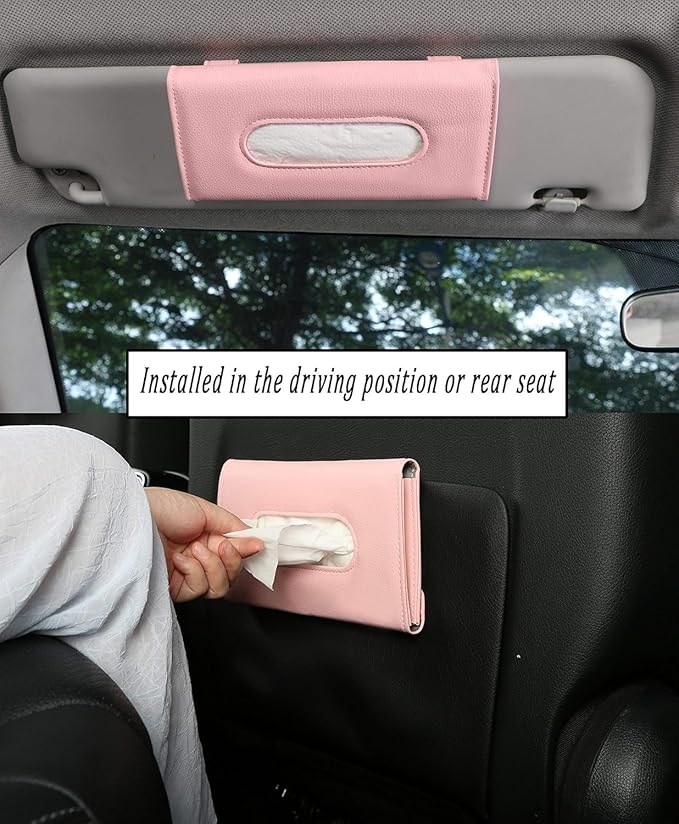 Car Tissue Holder with 7 PCS Tissue Refill, Sun Visor Napkin Holder, Car Tissue Box for Sun Visor, Paper Dispenser for Auto, Car Case Refill Tissue, Pink Car Accessories for Women