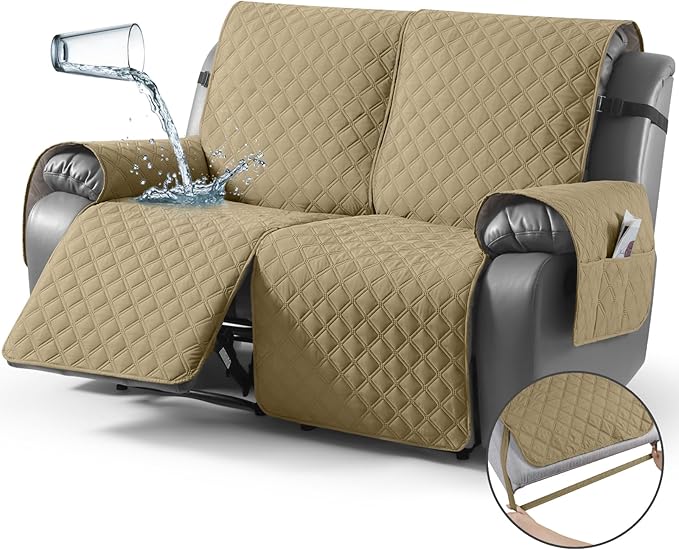 TAOCOCO 100% Waterproof Recliner Couch Covers, Recliner Sofa Covers with Leg Straps, 1-Piece Washable Reclining Sofa Cover with Pocket Couch Protector for Pets Kids(2 Seater, Camel)