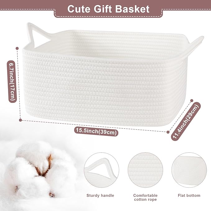 OIASKET Basket for Gifts Empty, Woven Storage Basket with Gift Bag, Ribbon and Wrap Tissue Paper, Small Rope Toy Storage with Handles for Baby Shower, Dog Toy Organizer, 15.5" x 11.4" x 6.7"