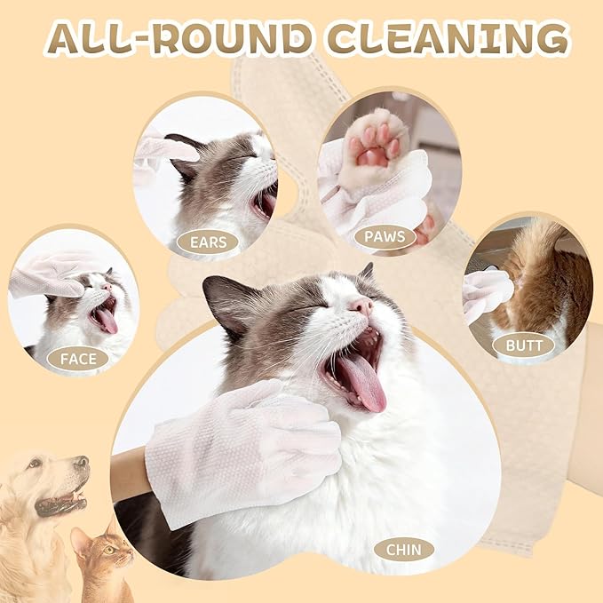 Nourishing & Deodorizing Pet Glove Wipes for Dogs & Cats, 4-in-1 Grooming Wipes (Clean, Comb, Massage, Nourish), 7 Plant Extracts, Extra Thick, Hypoallergenic, Lick-Safe, Fruity Note, 6PCS
