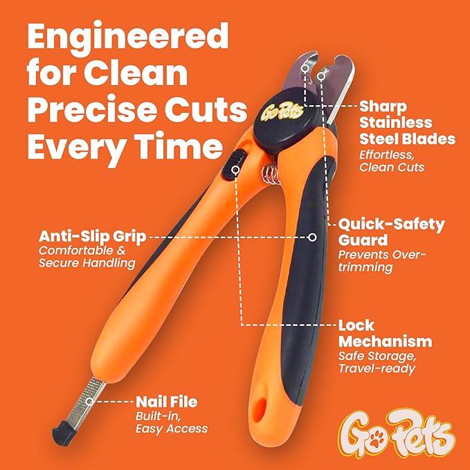 GoPets Dog Nail Clippers, Professional Pet Nail Trimmer for Large Dogs and Cats with Quick Sensor Safety Guard, Heavy Duty Stainless Steel Blades, Non-Slip Handle, Built-in File for Safe Grooming