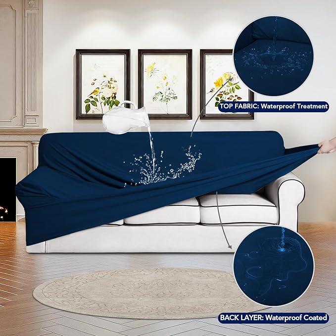 PureFit 100% Dual Waterproof Couch Cover Slipcovers for Couches and Sofas - Stretch Non Slip Fleece Sofa Covers Washable, Leakproof Furniture Protector for Kids, Pets, Dog (Sofa, Navy)