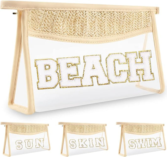 Clear Makeup Letter Patch Makeup Bag BEACH Pouch, Boho Clear Toiletry Bags Travel Small Cute Stadium Chenille Letter Cosmetic Zipper Pouch Purse, Transparent Waterproof Makeup Storage for Women(BEACH)