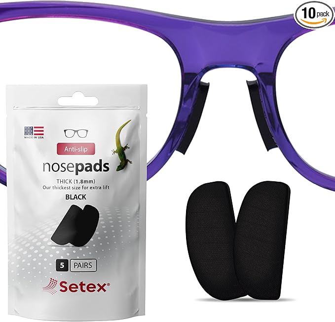 Setex Gecko Grip 1.8mm Thick Anti Slip Eyeglass Nose Pads, (5 Black Pair) USA Made, 2500 Innovative Microstructured Fibers per Nose Pad, 1.8mm x 7mm x 16mm