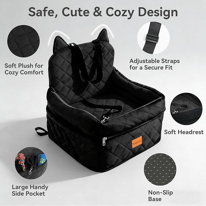 CABZOON Dog Car Seat for Small/Medium Dogs Up to 35lbs,Elevated Cushion Fits in Front/Back Seat,Travel Safety Per Car Bed with Washable Removable Cover, Storage 2 Pockets Black