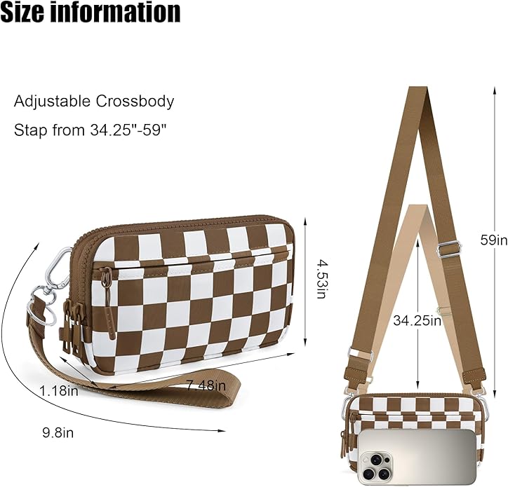 Checkered WristleWallets for Women, RFID Wallet Crossbody with 4 Zippers, Credit Card Holder Cell Phone Organizer