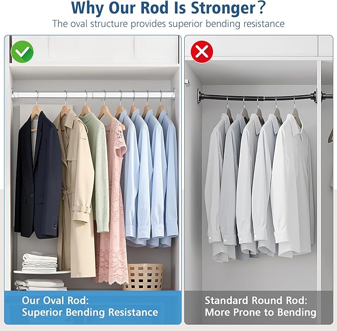 Oval Closet Rod for Hanging Clothes, 90 Lbs Heavy Duty, 17-31 Inch No-Cut Stepless Adjustable, Metal Hanging Rod for Wardrobe, Laundry Room, Closet (Chrome)