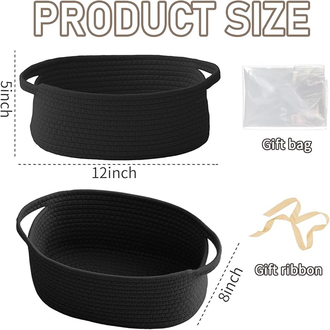 JMvicyroam Woven Basket,Small Rope Storage Bin with Handles & Ribbon Bag, Organizer for Shelves Closets,Gift Basket Empty for Birthday,Books,Dog Toys, Black/2 Pack