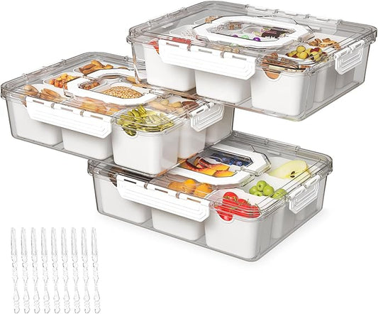 REBECAT Divided Serving Tray with Lid and Handles 9 Compartments Snack Box Container Charcuterie Organizer Snackle Box Container for Candy,Nuts，Fruits,Snacks,3 Pack,White
