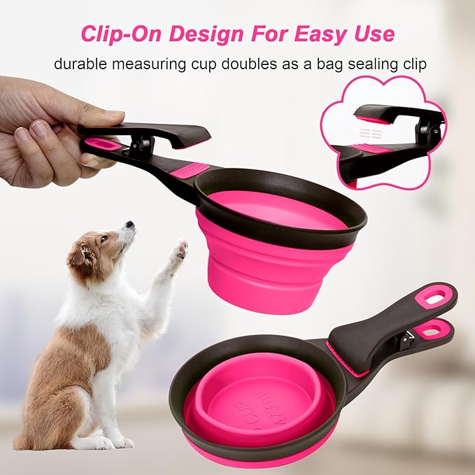 PNEUICALLY Collapsible Silicone Dog Food Scoop Foldable Pet Food Measuring Cup with Bag Clip 3 in 1 Multi-Function Silicone Dog Food Scooper (Rose Red, Large)