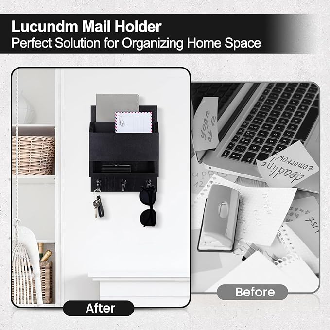 Key and Mail Holder for Wall, Key Holder with Chalkboard and Long Storage Box, Key Hanger with 3 Sturdy Hooks for Coat, Dog Leash, Entryway Mail Organizer (Black)