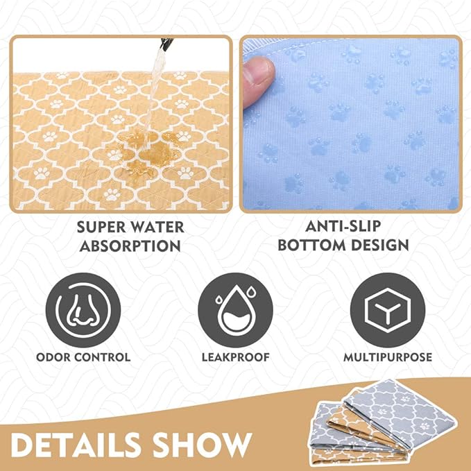 KOOLTAIL Washable Pee Pads for Dogs, 4 Packs Super Absorbent Leakproof & Non-Slip Dog Pee Pad Large, Reusable Puppy Training Pads Waterproof, Pet Mat Rug for Whelping,Floor,Crate Cats Animals, 24"x36"